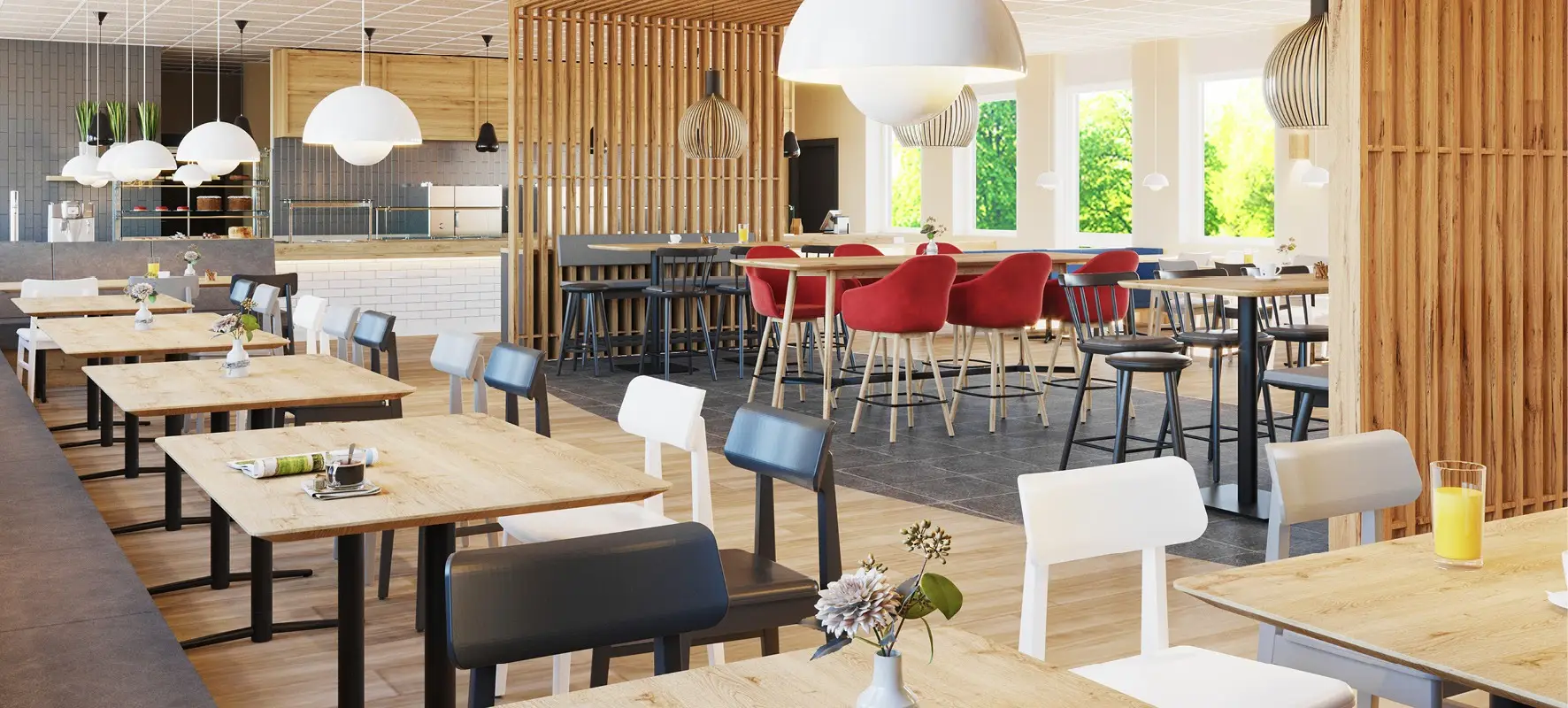 Einrichtung Mitarbeiterrestaurant Möbel Hocker, Holzstühle Polsterbank Tische