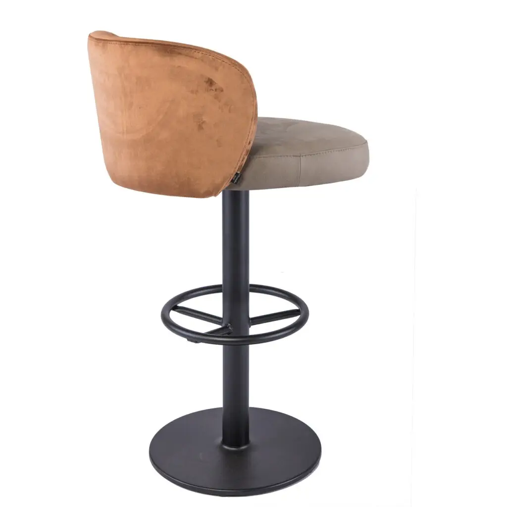 Produktabbildung, Barhocker, Säulenhocker, Sitzpolster braun, Rückenlehne oragen, Säule, Gestell schwarz, Schniedersitzt Möbel für gute Gäste