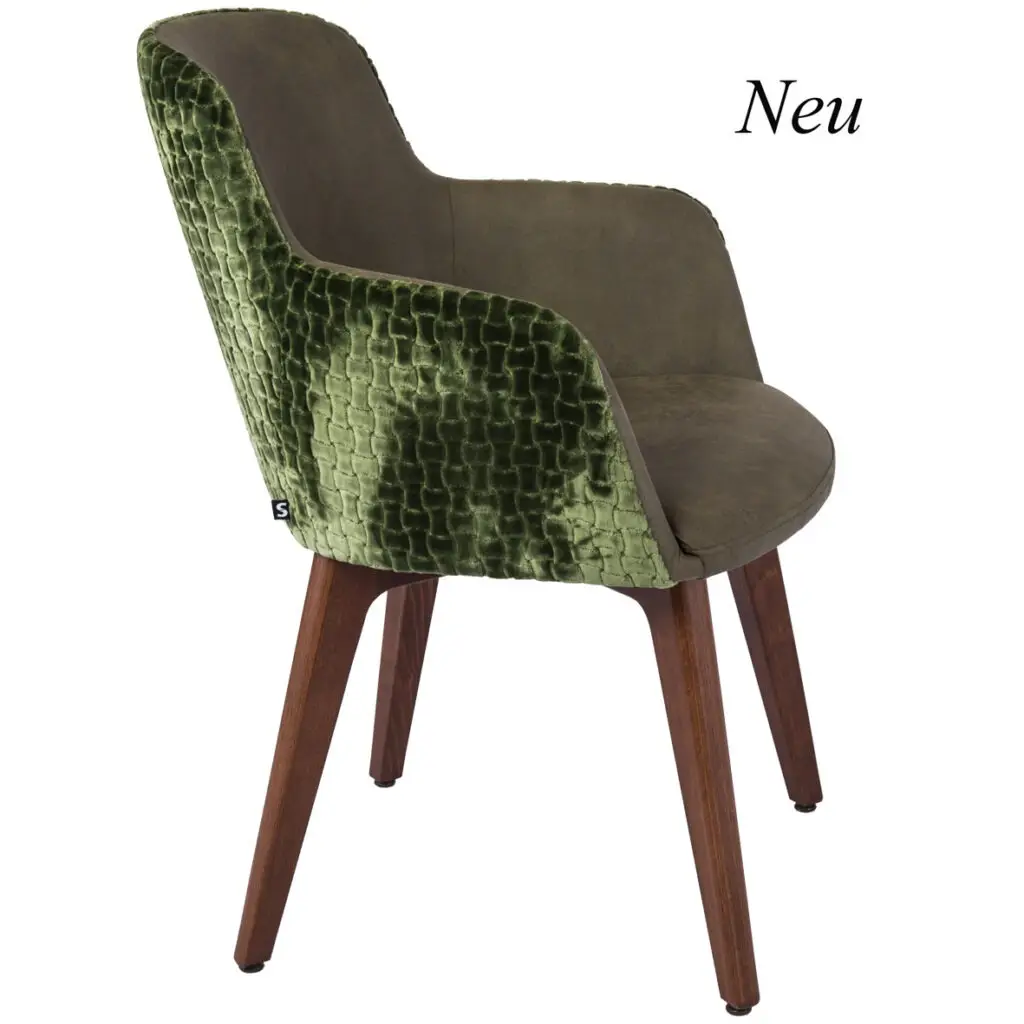 Produktfoto Sessel Flora, Polster grün und braun, Holzuntergestell, Schniedersitzt Möbel für gute Gäste