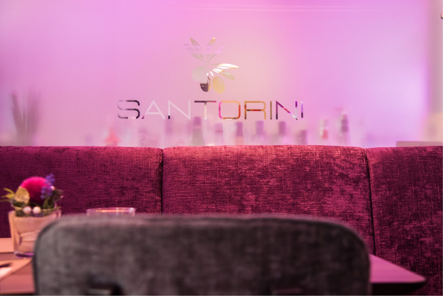 Detailfoto von einem Raumteiler mit satiniertem Glas und Logo des Restaurants Santorini