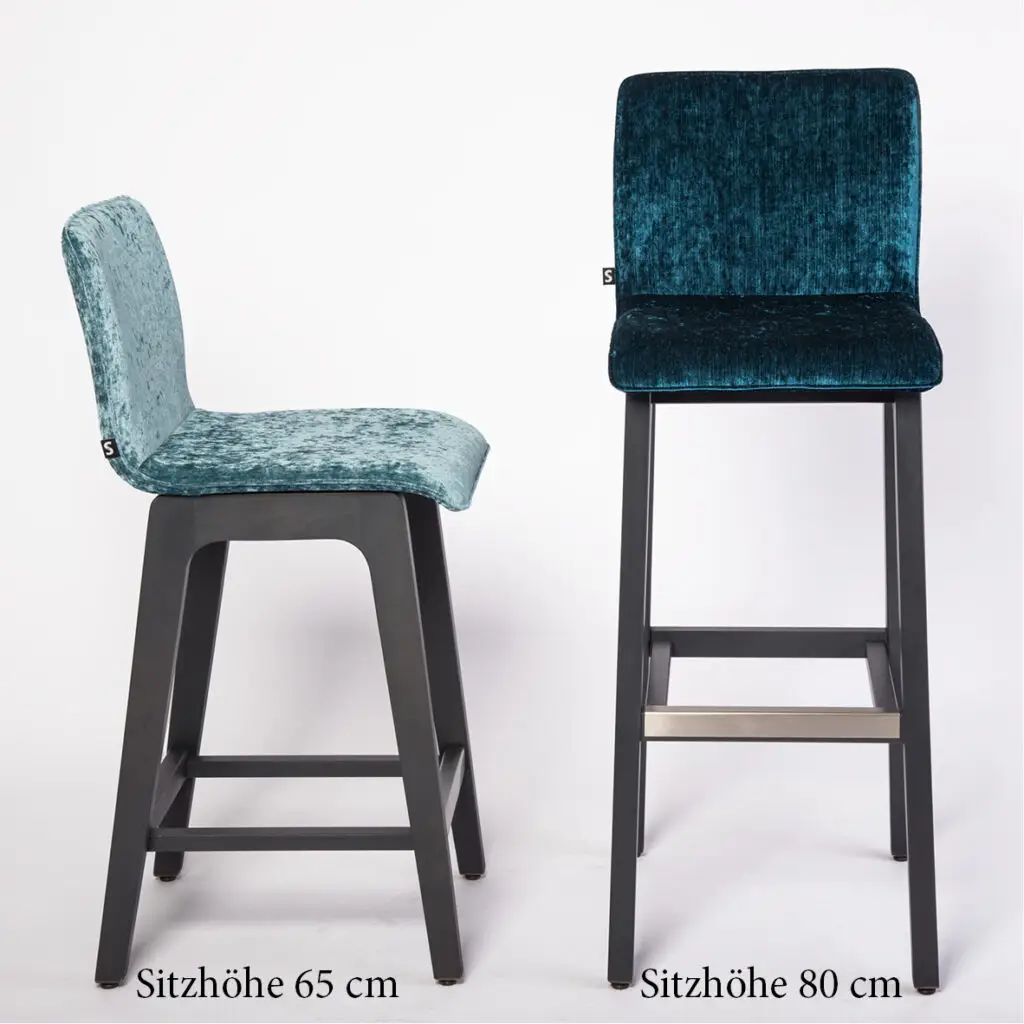 Produktfoto Hocker Train, Sitzpolster türkis blau, Untergestell dunkel, Schniedersitzt Möbel für gute Gäste, Sitzhöhe 65 cm und 80 cm