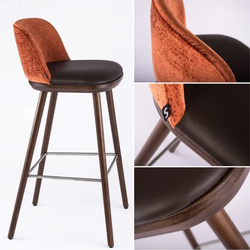 Produktfotos, Detailaufnahmen, Collage Hocker Mona, Sitzpolster braun, Rückenpolster orange, Schniedersitzt Möbel für gute Gäste