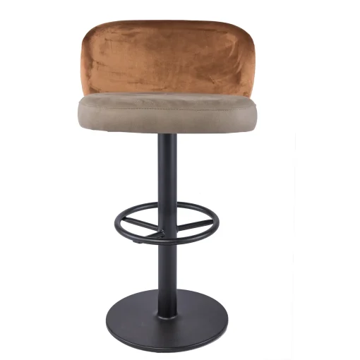 Produktabbildung, Barhocker, Säulenhocker, Sitzpolster braun, Rückenlehne orange, Säule, Gestell schwarz, Schniedersitzt Möbel für gute Gäste