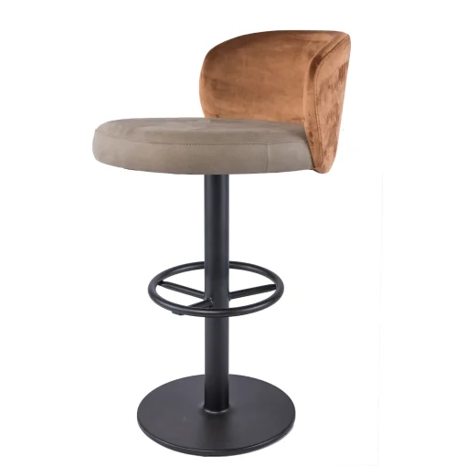 Produktabbildung, Barhocker, Säulenhocker, Sitzpolster braun, Rückenlehne orange, Säule, Gestell schwarz, Schniedersitzt Möbel für gute Gäste