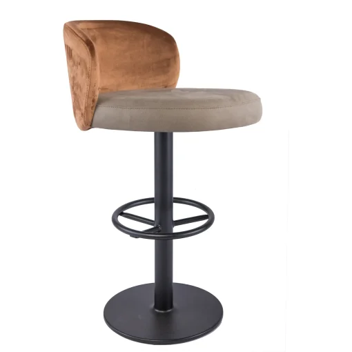 Produktabbildung, Barhocker, Säulenhocker, Sitzpolster braun, Rückenlehne orange, Säule, Gestell schwarz, Schniedersitzt Möbel für gute Gäste