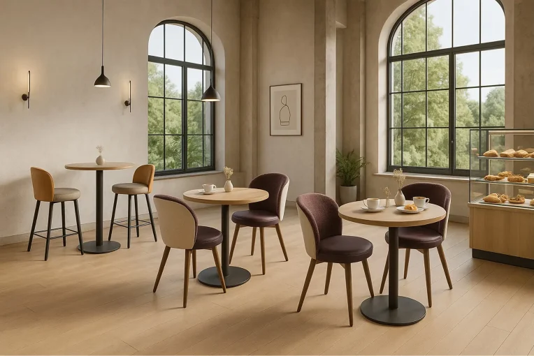 Café-Einrichtung Stuhl Bela, Säulentisch 30536-r, Hocker Sonderanfertigung, Schniedersitzt Möble für gute Gäste