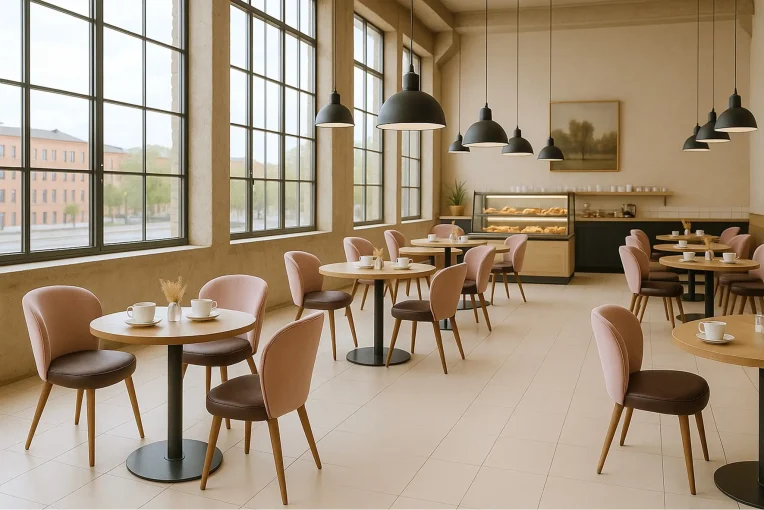 Café-Einrichtung Stuhl Bela, Säulentisch 30536-r, Hocker Sonderanfertigung, Schniedersitzt Möble für gute Gäste