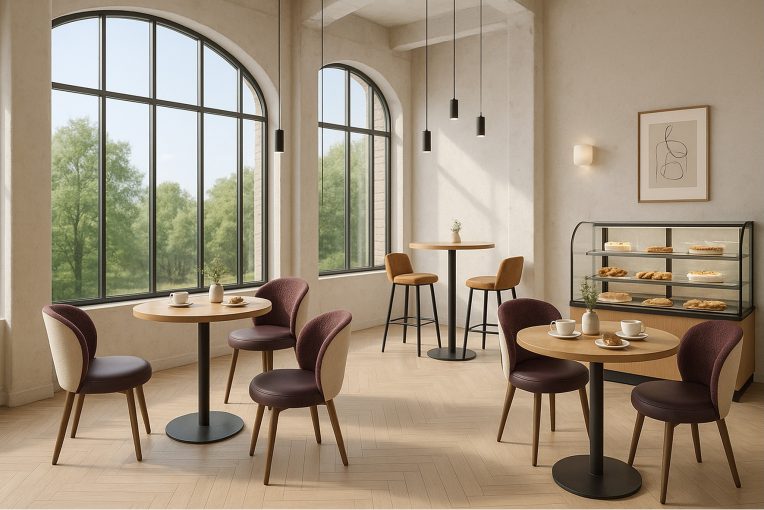 Café-Einrichtung Stuhl Bela, Säulentisch 30536-r, Hocker Sonderanfertigung, Schniedersitzt Möble für gute Gäste