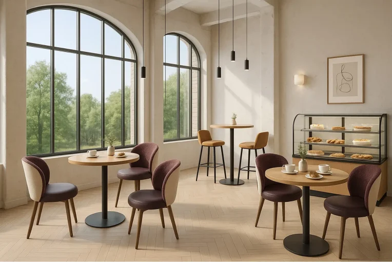Café-Einrichtung Stuhl Bela, Säulentisch 30536-r, Hocker Sonderanfertigung, Schniedersitzt Möble für gute Gäste