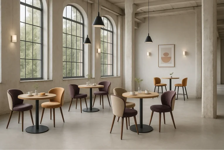 Café-Einrichtung Stuhl Bela, Säulentisch 30536-r, Hocker Sonderanfertigung, Schniedersitzt Möble für gute Gäste