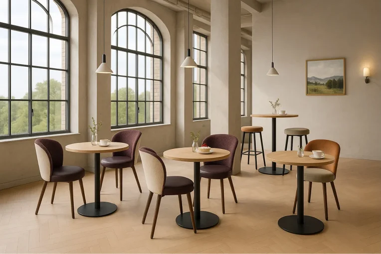 Café-Einrichtung Stuhl Bela, Säulentisch 30536-r, Hocker Sonderanfertigung, Schniedersitzt Möble für gute Gäste