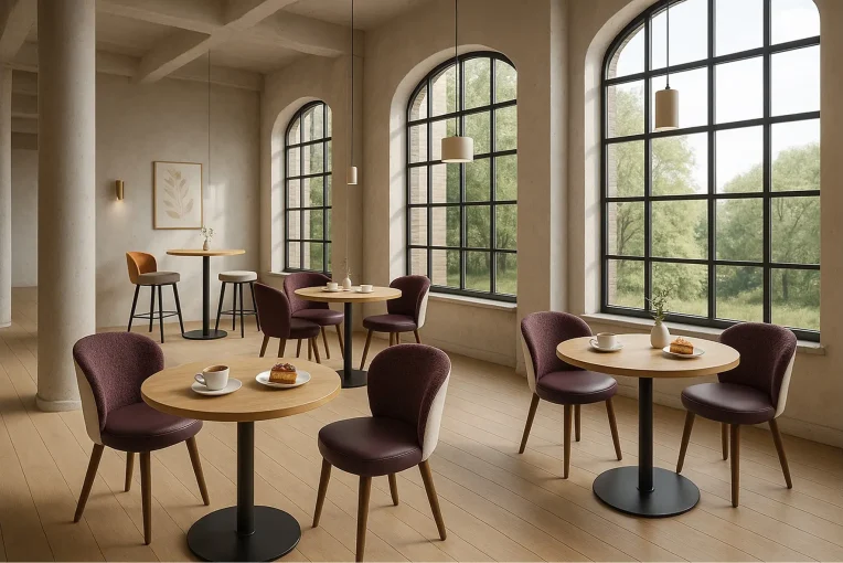 Café-Einrichtung Stuhl Bela, Säulentisch 30536-r, Hocker Sonderanfertigung, Schniedersitzt Möble für gute Gäste