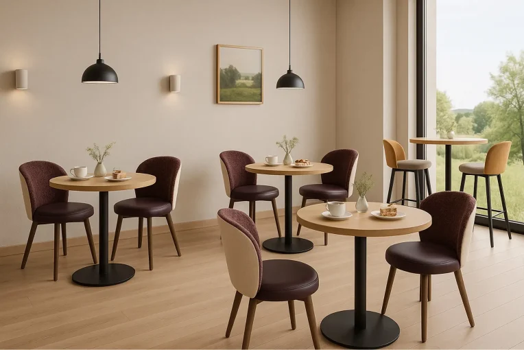Café-Einrichtung Stuhl Bela, Säulentisch 30536-r, Hocker Sonderanfertigung, Schniedersitzt Möble für gute Gäste