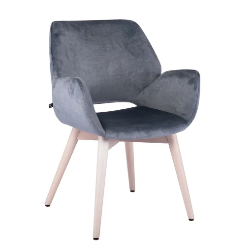 Produktfoto Sessel Marc, Holzgestell weiß, Polsterschale blau, Schniedersitzt Möbel für gute Gäste