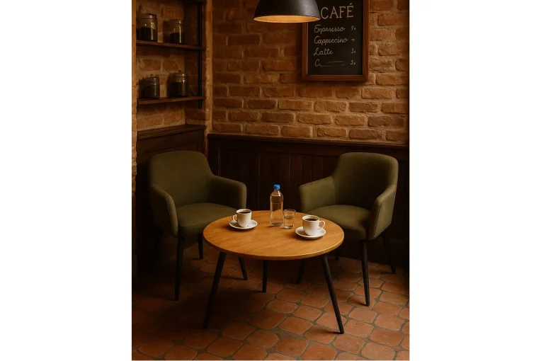 Café-Einrichtung rustikal Sessel Flora, Beistelltisch, Schniedersitzt Möble für gute Gäste