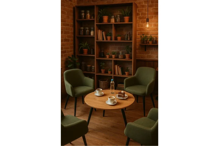 Café-Einrichtung rustikal Sessel Flora, Beistelltisch, Schniedersitzt Möble für gute Gäste