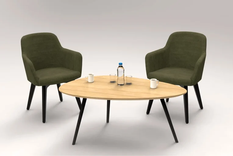Rendering, Sitzgruppe, 12534-1 Sessel Flora, Polster grün, Untergestell massiv Buche schwarz, Lounge-Tisch Nele, Schniedersitzt Möbel für gute Gäste, Gastro Sessel, Tisch Inke