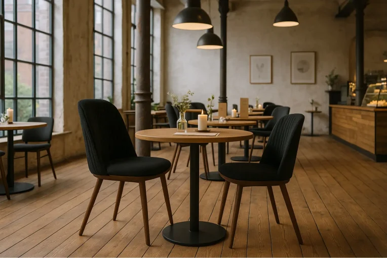 Objektbild, Café Industrielook Stuhl Mira schwarzes Polster, Säulentisch rund