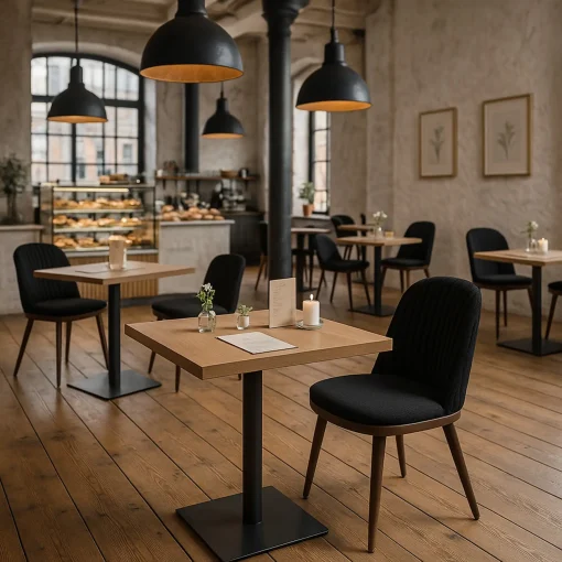 Visualisierung von einer Café-Einrichtung, Industrie-Look, Säulen, rustikal, Kuchentheke im Hintergrund, Sitzgruppen mit dem Stuhl Mira