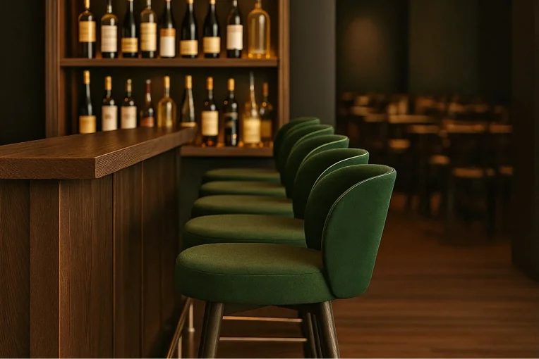 Bild Visualisierung von einer Einrichtung Hotelbar, Barhocker Sara in grün. Schniedersitzt Möbel für gute Gäste