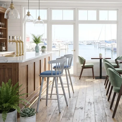 café-Einrichtung Ostsee Visualisierung, Hocker Mika, Stuhl Constantin Sofa Max und Säulentische Schniedersitzt