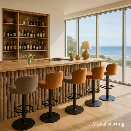 Visualisierung von einer Theke mit Barhockern Sara in blau, Blick auf die Ostsee, Schniedersitzt Möbel für gute Gäste