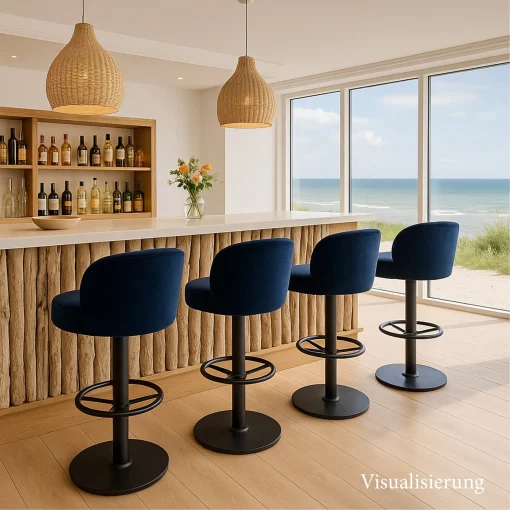 Visualisierung von einer Theke mit Barhockern Sara in blau, Blick auf die Ostsee, Schniedersitzt Möbel für gute Gäste