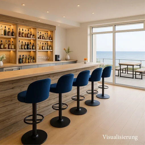 Visualisierung von einer Theke mit Barhockern Sara in blau, Blick auf die Ostsee, Schniedersitzt Möbel für gute Gäste