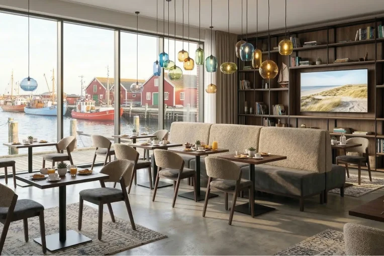 Hoteleinrichtung Frühstücksraum Stuhl Constantin Schniedersitzt_