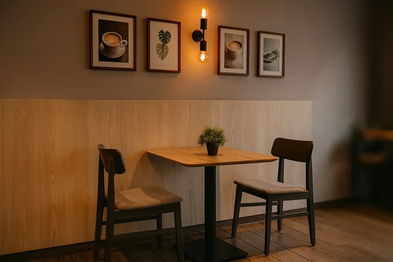 Visualisierung Stuhl Linus Café-Einrichtung, Säulentisch, Holzstuhl Linus