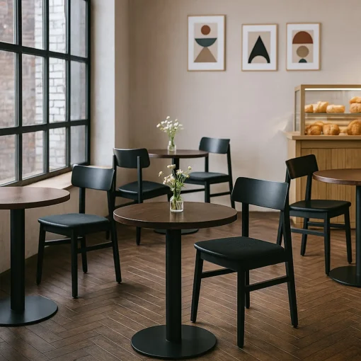 Visualisierung Stuhl Linus Café-Einrichtung, der Holzstuhl Linus ist in schwarz dargestellt, Säulentische mit runden Tischplatten