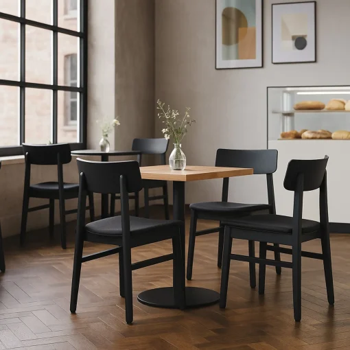 Visualisierung Stuhl Linus Café-Einrichtung, Säulentische, Holzstuhl Linus in schwarz